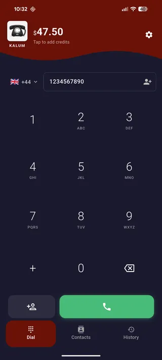 Kalum dialer screen showing $47.50 balance and a 10-digit phone number