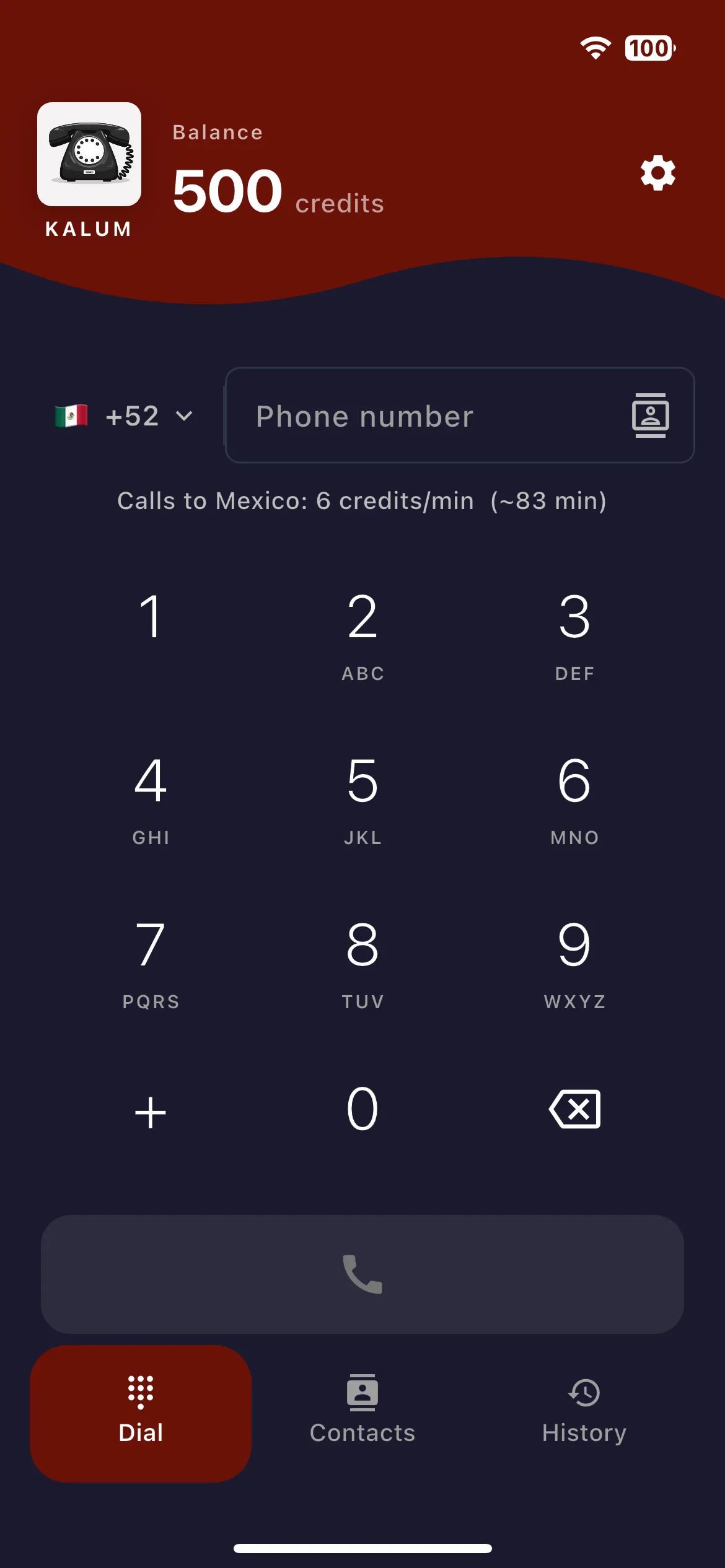 Kalum dialer showing the per-minute rate to Mexico before placing a call